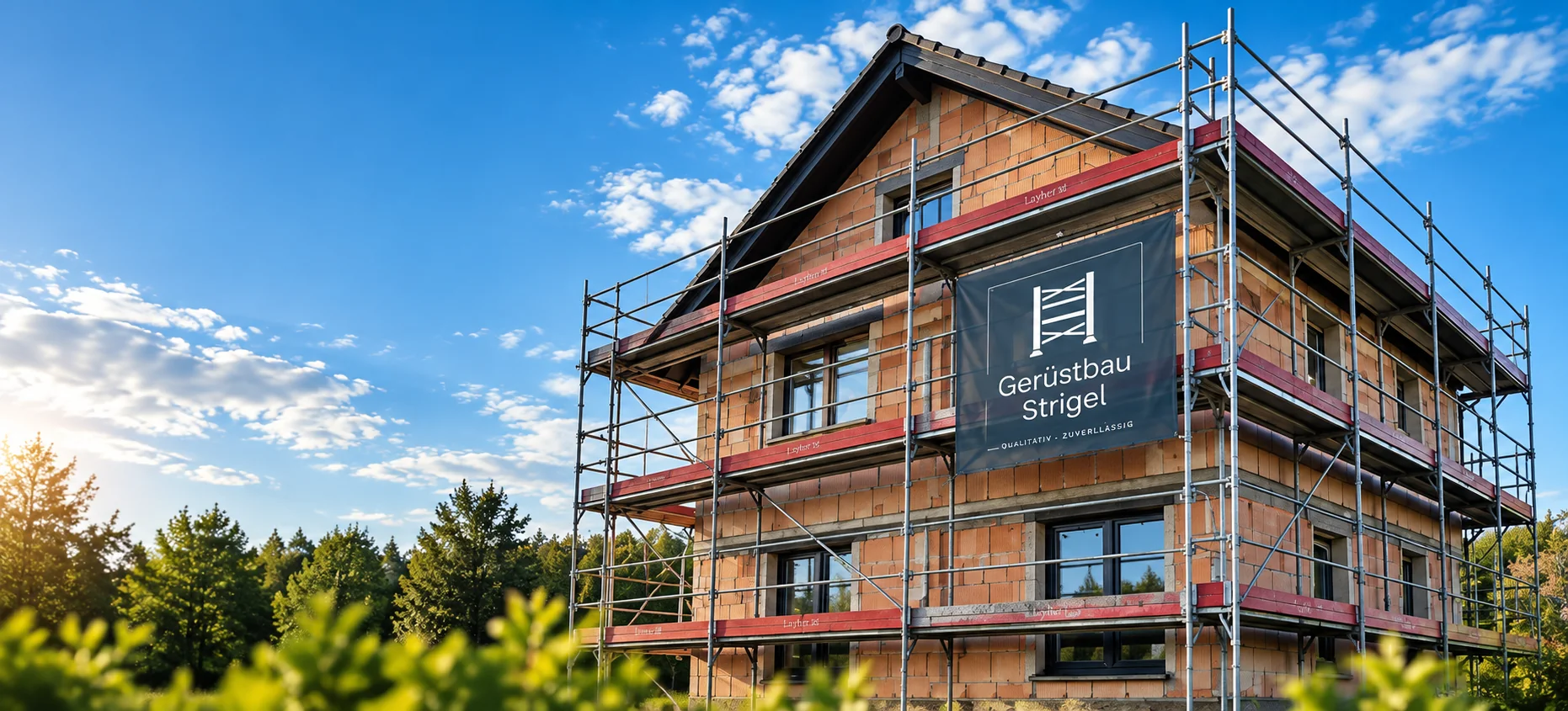 Eingerüstetes Einfamilienhaus bei sonnigem Wetter